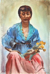 Woman with Flowers (P1.28) Watercolor | Eve Nethercott,{{product.type}}