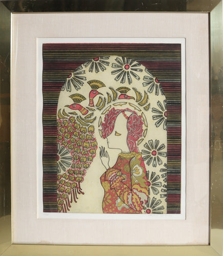 Woman with Patterned Peacocks Etching | Unknown Artist,{{product.type}}