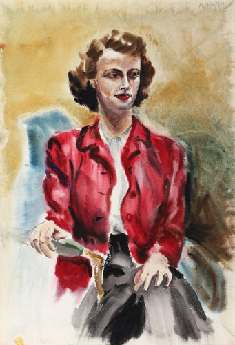 Woman with Red Jacket (P6.52) Watercolor | Eve Nethercott,{{product.type}}