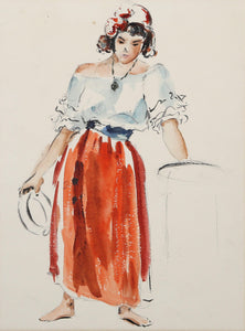 Woman with Tambourine (P2.57) Watercolor | Eve Nethercott,{{product.type}}