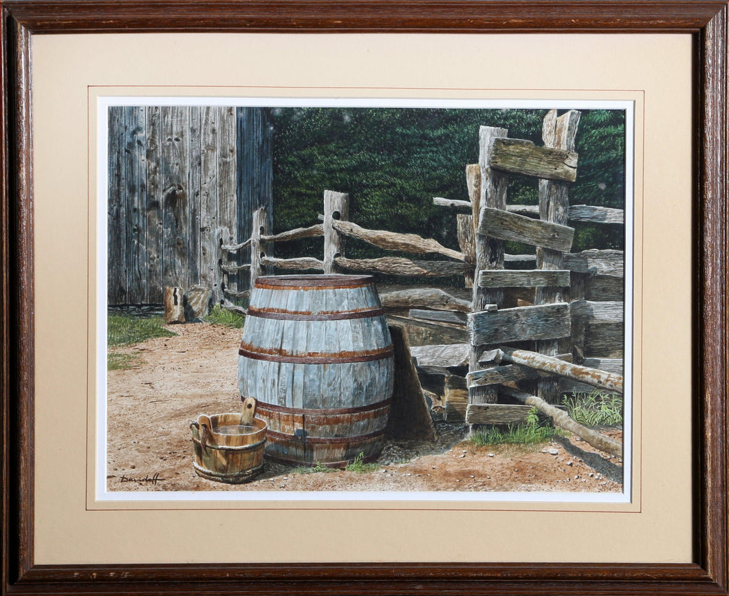Wooden Pail and Barrel Watercolor | Michael Davidoff,{{product.type}}