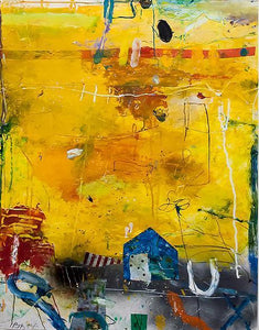 Yellow Abstract City Mixed Media | Robert Baribeau,{{product.type}}
