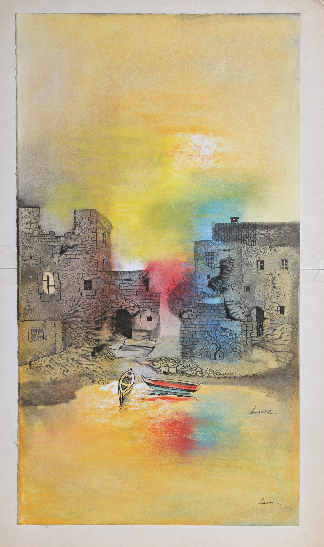 Yellow Seascape with Ruins Watercolor | Luz,{{product.type}}